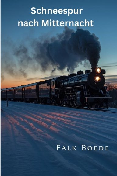 Dampflokzug fährt durch Winterlandschaft in der Abenddämmerung.