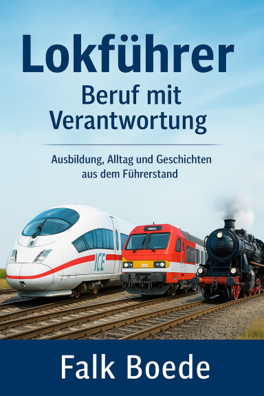 Buchcover über Lokführer mit Zugbildern und dem Titel "Beruf mit Verantwortung".