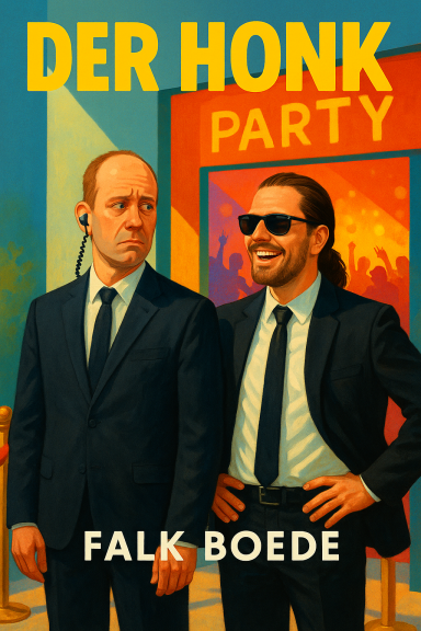 Zwei Männer in Anzügen stehen vor einer Feier im Hintergrund, lächelnd und selbstbewusst.