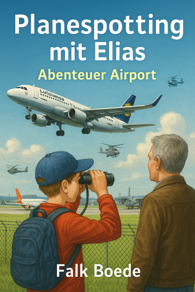 Ein Junge und ein Mann beobachten ein Flugzeug am Flughafen mit Fernglas.