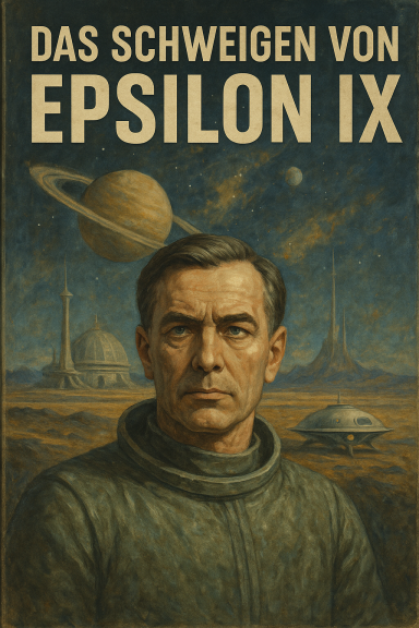 Ein Astronaut steht vor einem futuristischen Hintergrund mit Planeten und Raumschiffen.