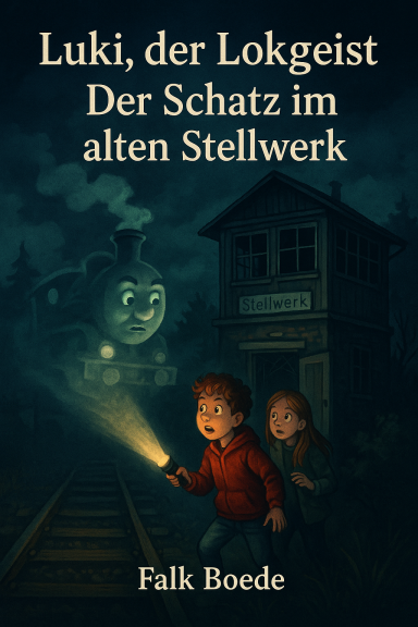 Zwei Kinder stehen an einem alten Stellwerk, während eine freundliche Lokomotive vorbeifährt.