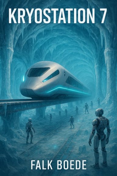 Eine Magnetschienenbahn ist in einem Bahnhof angekommen, der weiter unter dem Eis inder Arktis ist. Es laufen überall Serviceroboter rum.