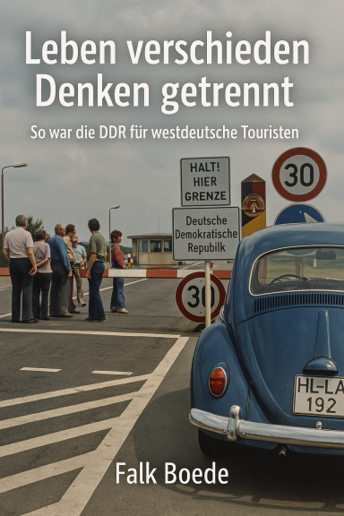 Ein alter blauer Volkswagen parkt an einer gesperrten Straße mit Verkehrsschildern.