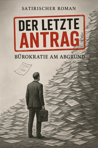 Ein Mann in Anzug steht vor einem Berg aus Papier, mit dem Titel "Der letzte Antrag".
