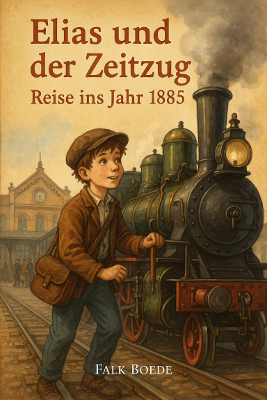 Buchcover von "Elias und der Zeitzug" mit einem Jungen und einer Dampflok.