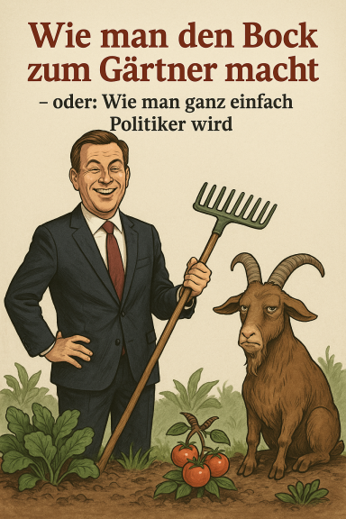 Ein Politiker steht mit einer Forke neben einer Ziege, umgeben von Pflanzen und Gemüse.