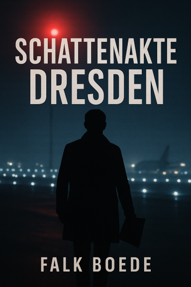 Mann, den man nur von hinten wie eine Silouette sieht, im Hinter Lichter einer Startbahn eines Flughafens mit einer Flugzeugsilouette.
