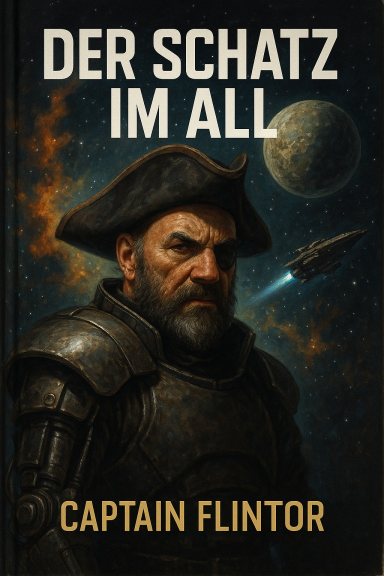 Buchcover mit einem älteren Kapitän im Raumanzug und einem Raumschiff im Hintergrund.